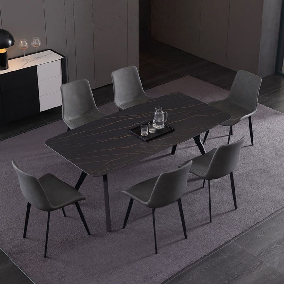 Mesa de comedor rectangular contemporánea Mesa de comedor de piedra sinterizada con base de caballete negro