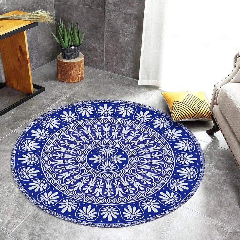 Blue Mediterranean Rug Flannel Floral Print Rug Washable Non-Slip Backing Area Rug for Living Room