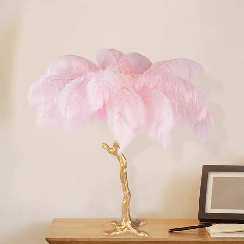 Artistic Coconut Tree Night Lamp Feather 1 Head Living Room Table Light in Pink and Gold