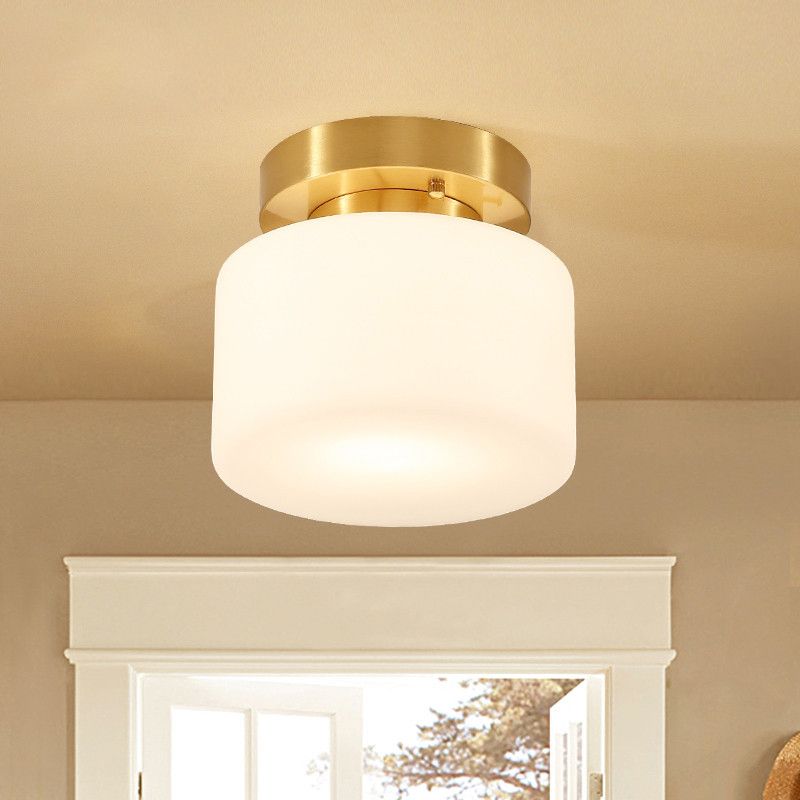 1 Light Cylindrical Glass Semi Flush Mount Lighting Modern Minimalism Gold Ceiling Light for Hallway