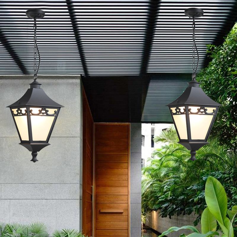 Black/Bronze 1 Bulb Drop Pendant Rustic White Glass Lantern Hanging Ceiling Light for Corridor