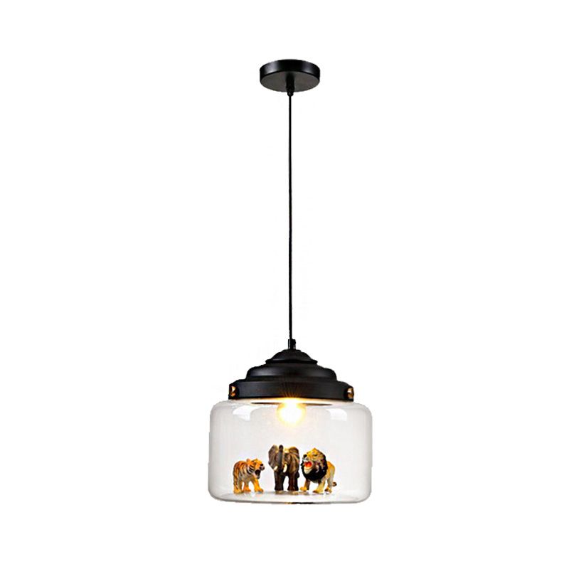 1 Light Dining Room Hanging Fixture Modernist Black Finish Pendant Lighting with Drum Clear Glass Shade