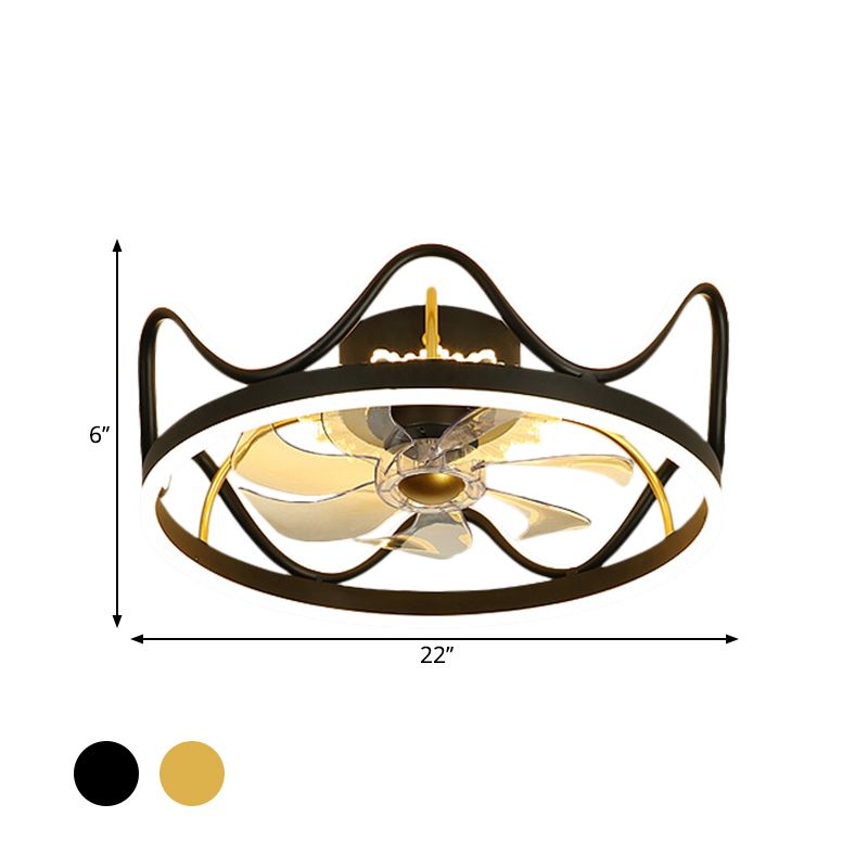 Crown Shape Dinging Room 7-Blade Hanging Fan Light Metallic Modern LED Semi Flush Mount Lamp in Gold/Black, 22" Width