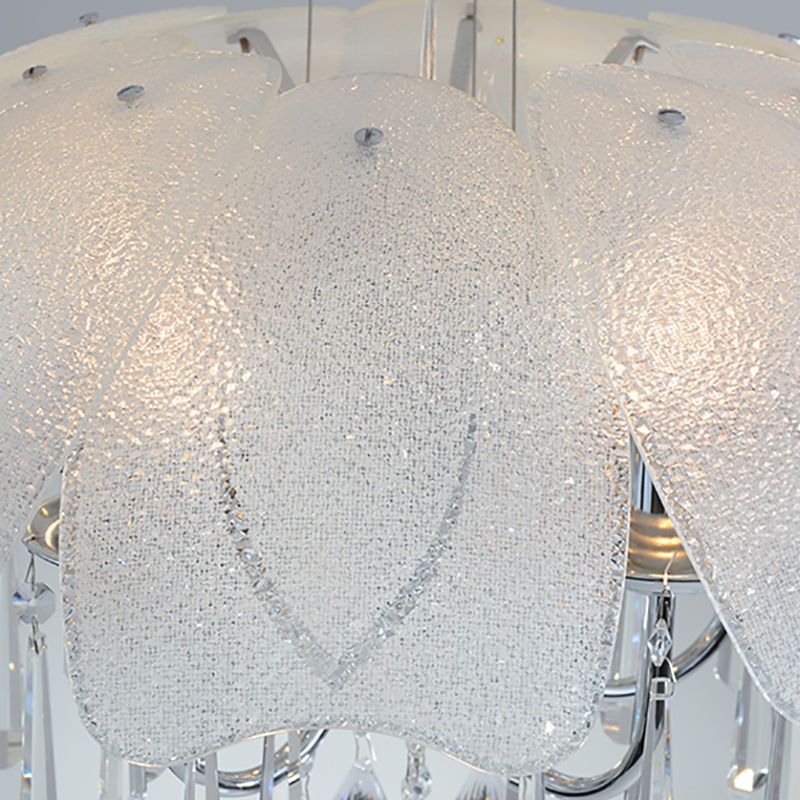 Modern Flower Chandelier Light Textured Glass Shade 5 Lights Chrome Ceiling Lamp with Crystal Drop