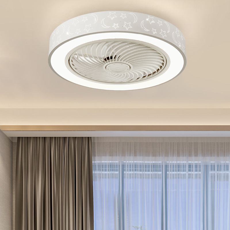 Invisible-Blade Drum Shaped Fan Light Kit Nordic Acrylic White LED Semi Flush Light for Bedroom