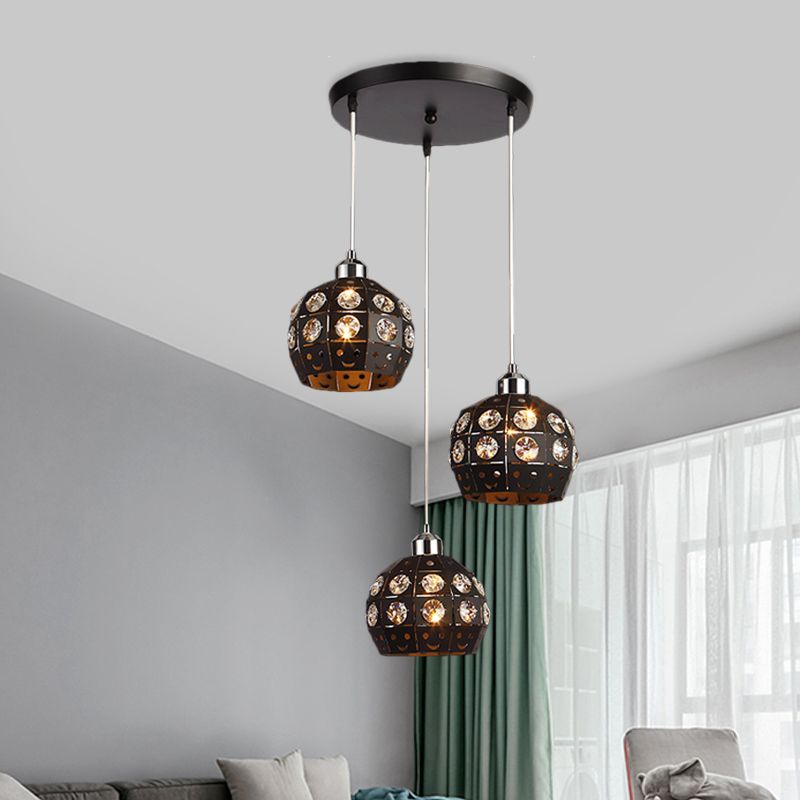 Dome Dining Room Suspension Light Crystal Embedded 3 Heads Modernist Multi Pendant Lamp Fixture in Black