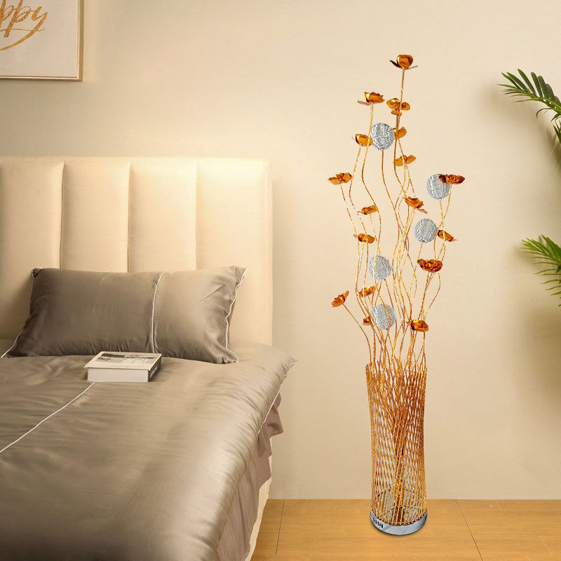 LED Twill Cylinder Standing Lamp Decorative Red/Gold Aluminum Floor Reading Light with Bloom Design