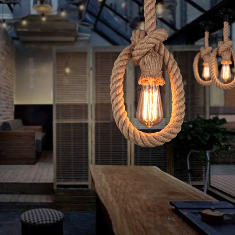 Exposed Bulb Rope Ceiling Pendant Loft 1 Light Restaurant Adjustable Hanging Light Fixture in Black with Ring Design