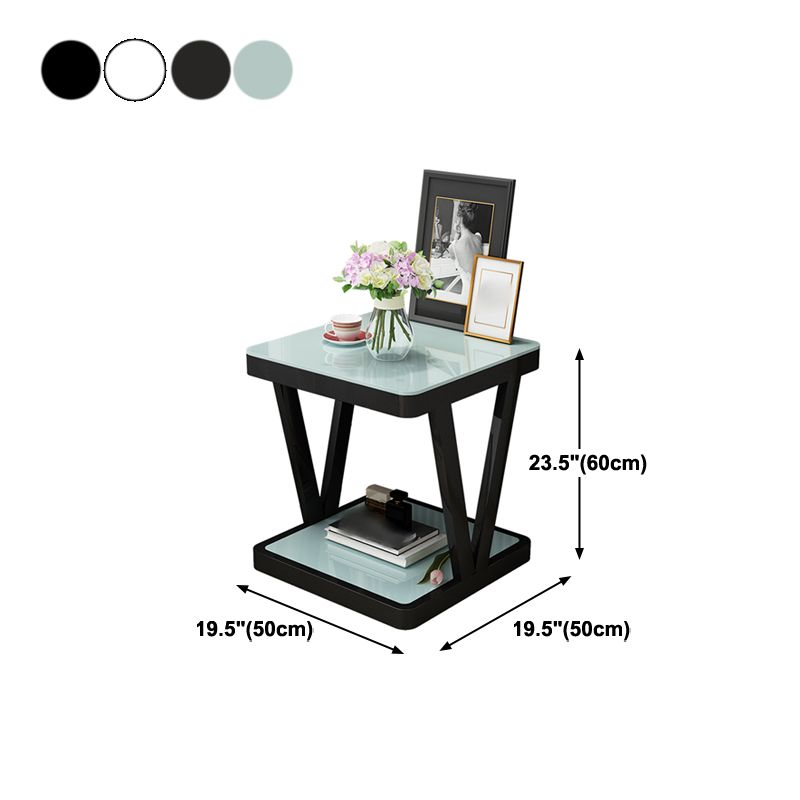 Glass Top Night Table Open Storage Steel Modern 2-Shelf Nightstand in Black/White