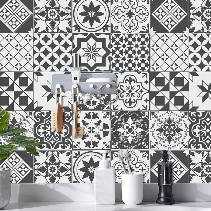 Bohemia Flower Tile Wallpaper Panel Black-White Self Adhesive Wall Art for Kitchen