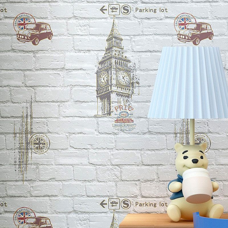 Cartoon Big Ben Wallpaper Roll Non-Woven Wall Decor for Children's Bedroom, 20.5"W x 33'L