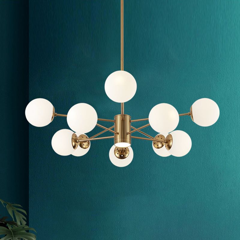 Milk White Glass Globe Shade Lighting 10 Light Chandelier with Spotlight Nordic Style Simplicity Lighting Pendant in Gold