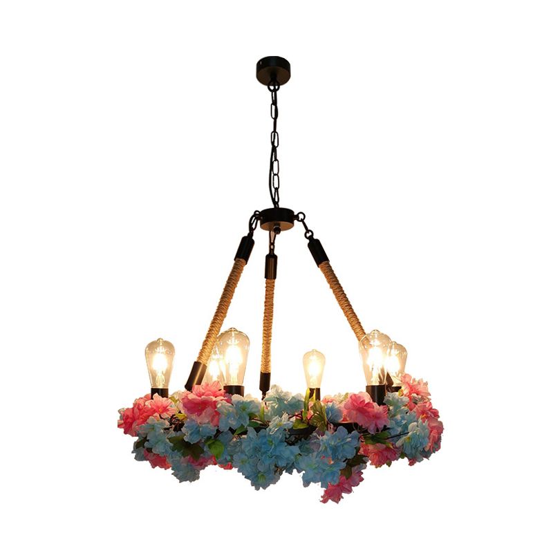 6 Bulbs Chandelier Light Industrial Exposed Bulb Metal LED Suspension Lamp in Black with Cherry Blossom