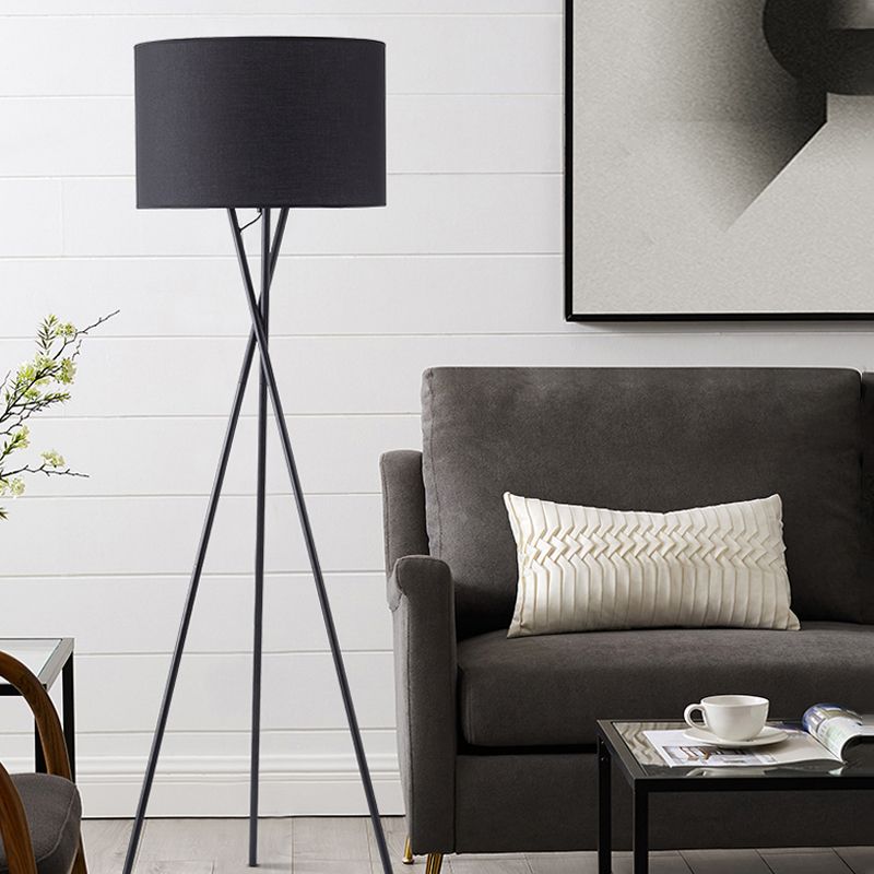 Drum Shade Floor Reading Lamp Simplicity Fabric 1 Light White/Black Tripod Standing Floor Lamp