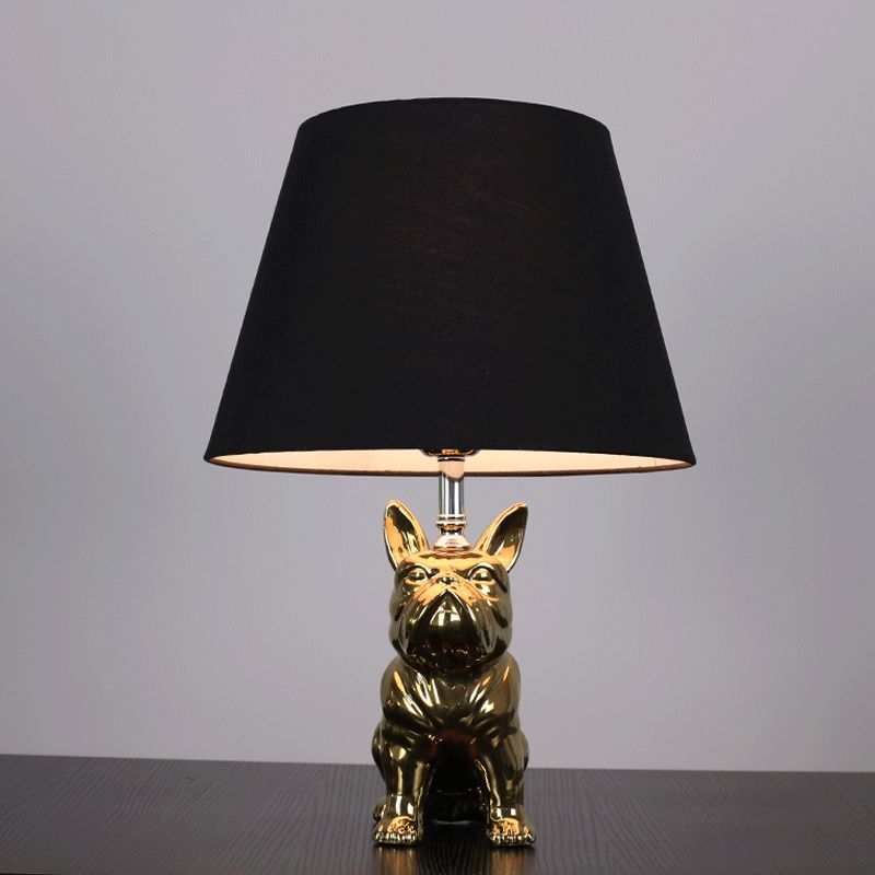 Silver/Gold 1 Head Night Lamp Traditional Resin Dog Nightstand Light with Conical Fabric Shade for Bedroom