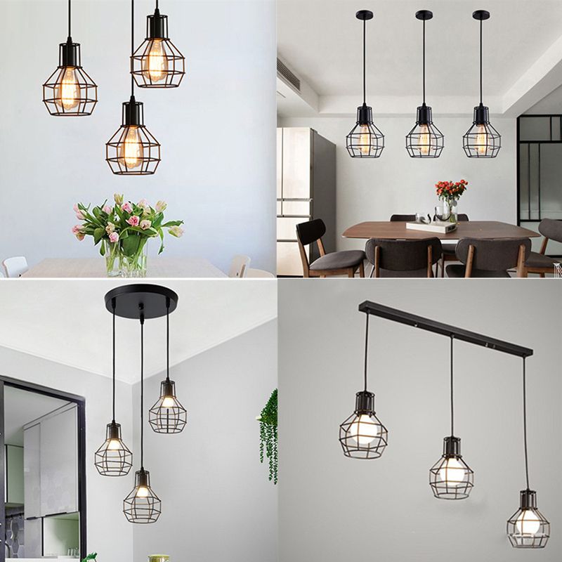 Cage Shade Pendant Lamp Industrial Black Finish Iron Hanging Light for Dining Room