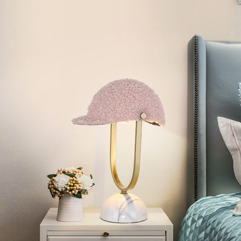 Hat Plush Table Light Modern 1 Bulb Pink Night Lamp with Iron Frame and Marble Base for Bedroom