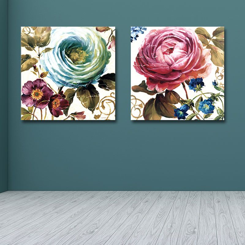 Lovely Peony Wall Art Set for Living Room Flower Painting Canvas Print in Pink-Blue