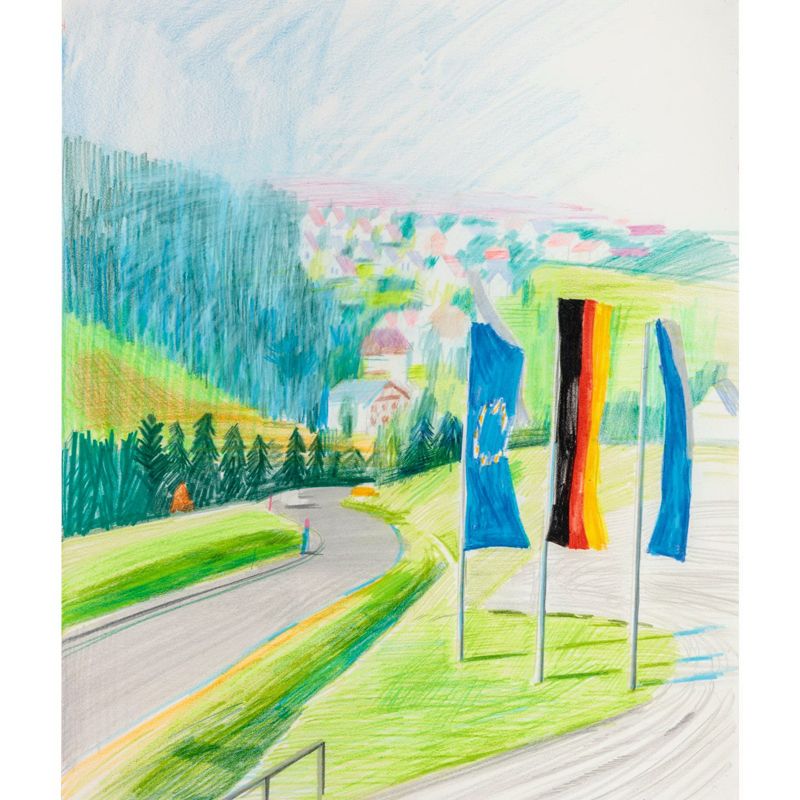 Scenery Roadside Flags Wall Mural Modern Art Non-Woven Wall Decoration in Blue-Green