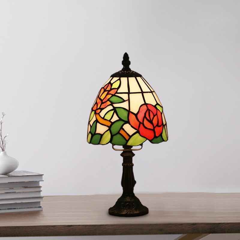 Dome Shape Nightstand Lighting 1-Light Stained Glass Baroque Style Blossom Patterned Table Lamp in Red/Pink/Orange