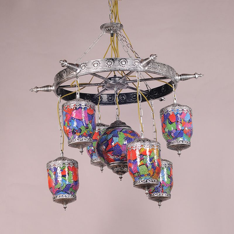 7 bollen paars glas kroonluchter hanger Art Deco Bronze Gyroscope Restaurant Hangenlamp met roeraccenteren