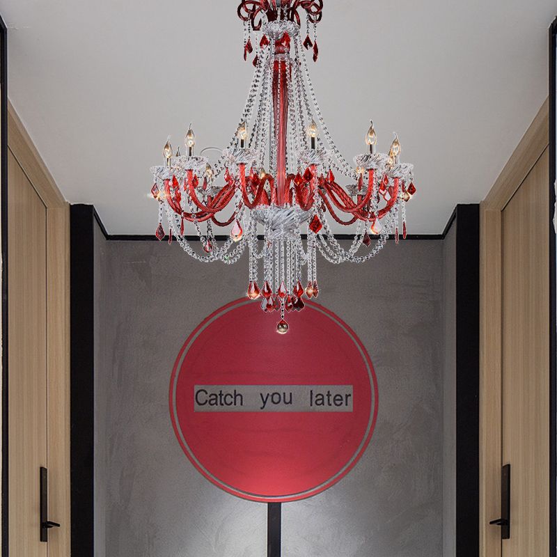 Candle Chandelier Light Fixture Modern K9 Crystal 12 Bulbs Red Ceiling Pendant Light for Balcony