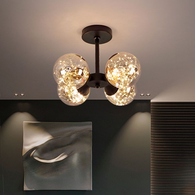 Spherical LED Semi Flush Light Modern Glass 4-Light Bedroom Ceiling Flush Mount