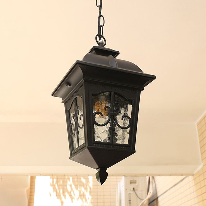 Metallic Lantern Hanging Light Lodges 1 Bulb Balcony Pendant Lamp in Black/Gold with Water Glass Shade