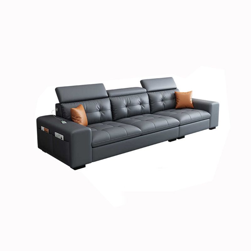 Modern Tufted Sofa & Chaise Recessed Arm Grey Faux Leather Sofa with Storage