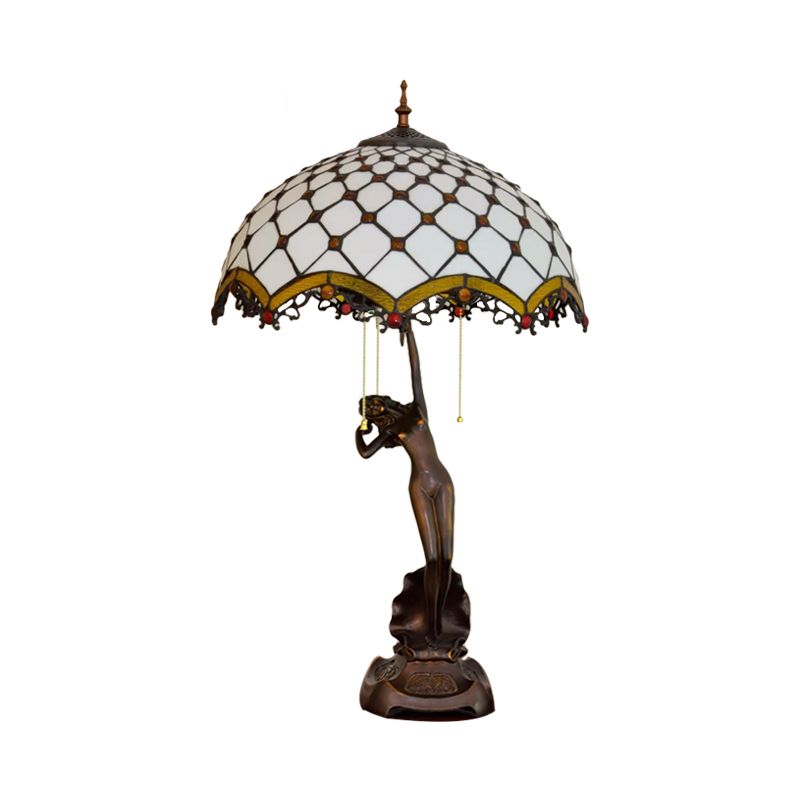 Resina Caffè Pullo-Chain Night Stand Light Lady Statue Lampada da tavolo Tiffany con pappagallo blu-marrone/trellis Giallo-nero in vetro bianco