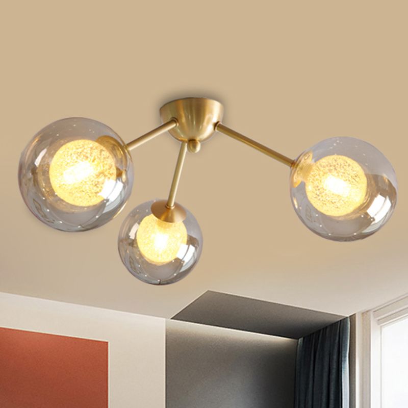 Modern Global Semi Flush Mount Clear/Amber/Smoke Glass 3/6 Lights Led Bedroom Semi Flush Mount Light Fixture in Gold