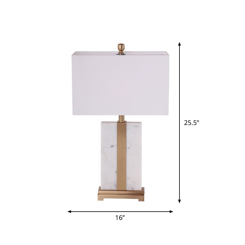 White Rectangle Nightstand Lamp Modern 1-Light Fabric Table Light with Marble Base