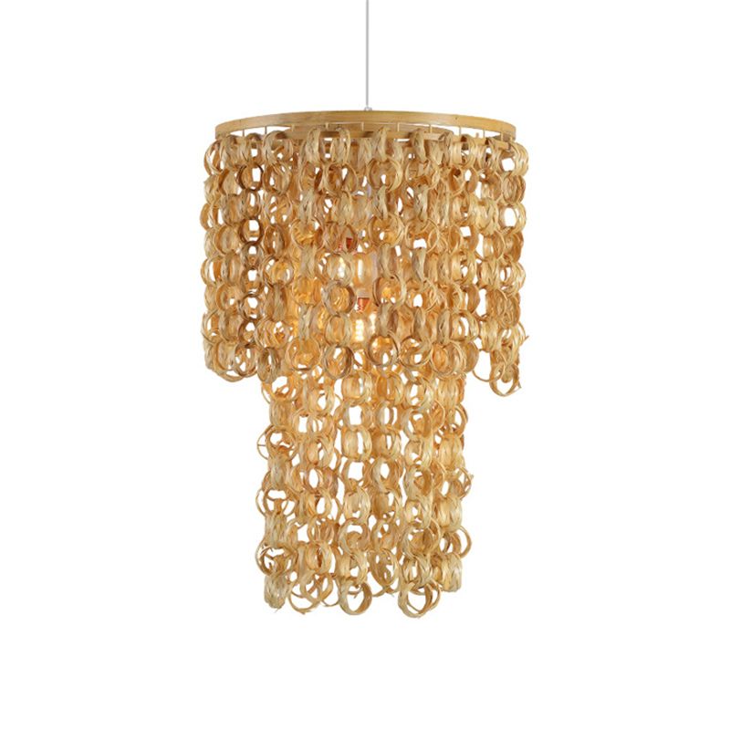 16"/19.5" Wide Tassel Bamboo Drop Pendant Chinese Single Light Beige Hanging Lamp for Dinging Room Restaurant