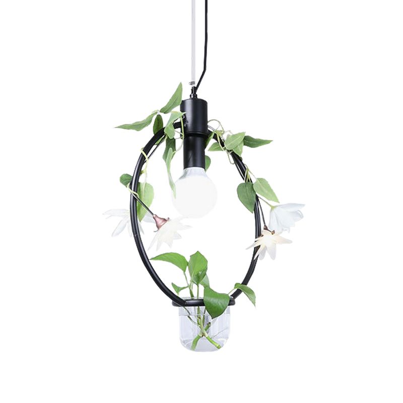 1 Light Pendant Lamp Farmhouse Triangle/Round/Square Frame Metal Hanging Ceiling Light in Black/Gold with Plant Pot and Fake Flower Vine