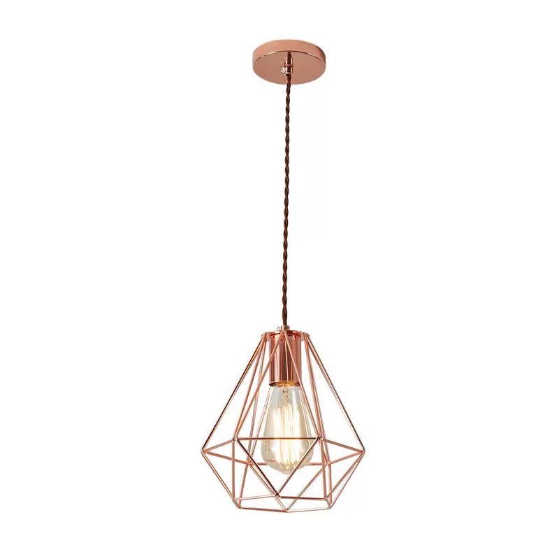 Iron Rose Gold Pendant Lamp Flared/Diamond Cage 1-Light Industrial Ceiling Hang Light for Bedroom