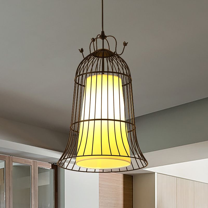 Bell White Glass Hanging Light Vintage 1 Light Dining Room Pendant Light with Black Wire Cage, 10"/14" Wide