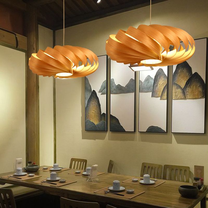 Asian 1 Head Hanging Pendant Light Wood Beige Twisted Lantern Ceiling Lamp over Dining Table
