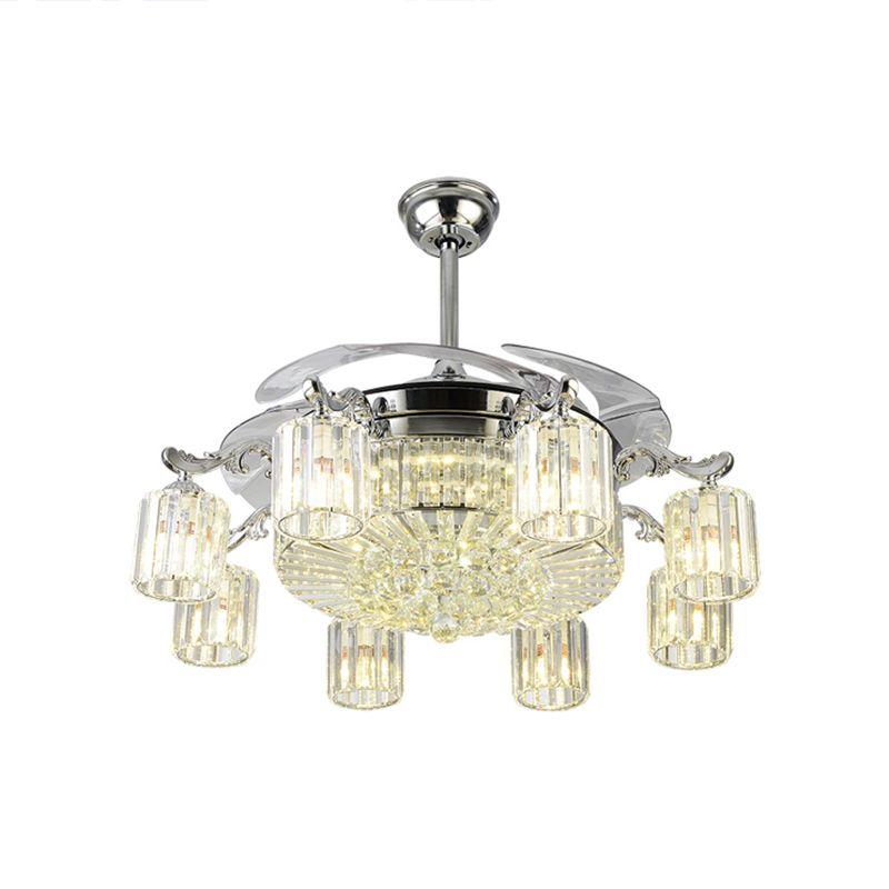 Chandelier de ventilateur de plafond en cristal cylindrique moderne 8-Light Chandelier Mount avec 4 lames et télécommande