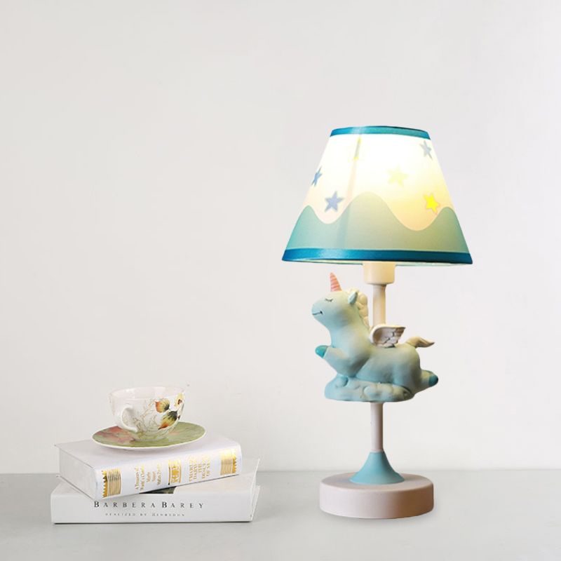 Cartoon 1 Light Table Lighting with Fabric Shade Conical Pink/Blue/Gold Unicorn Nightstand Lamp for Study Room