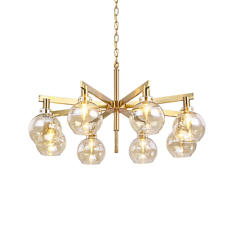 Modern 8 Heads Ceiling Chandelier Gold Ball Hanging Light Fixture with Amber Glass Shade