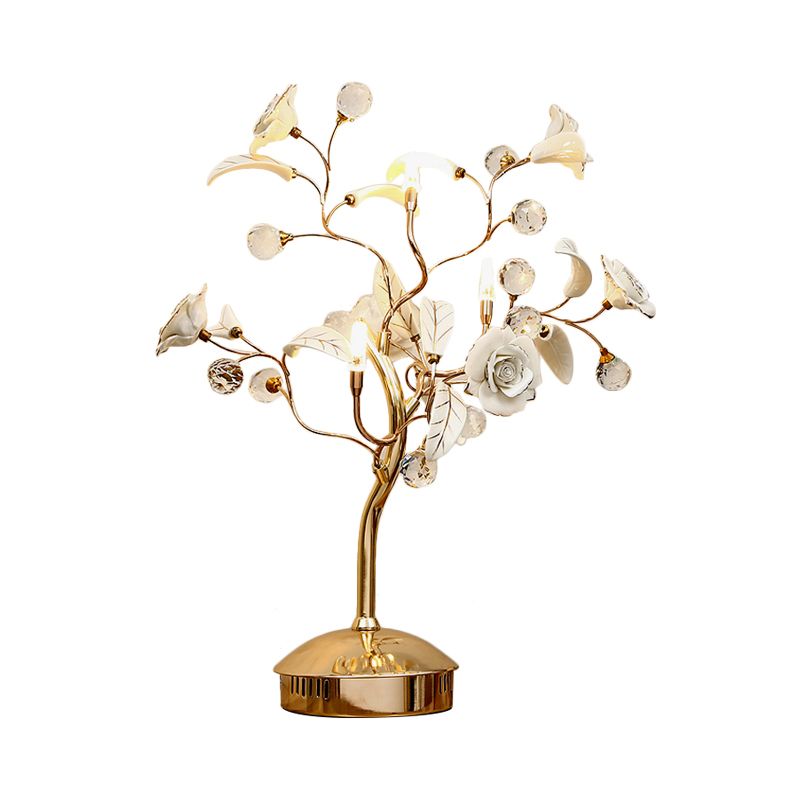 3-Bulb Flower Tree Night Lamp Korean Garden White/Red/Green Ceramic Table Light with Gold Stem