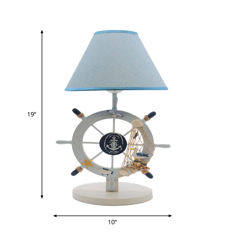 Fabric Cone Table Light Cartoon 1-Bulb Blue Nightstand Lighting with Wood Rudder Base