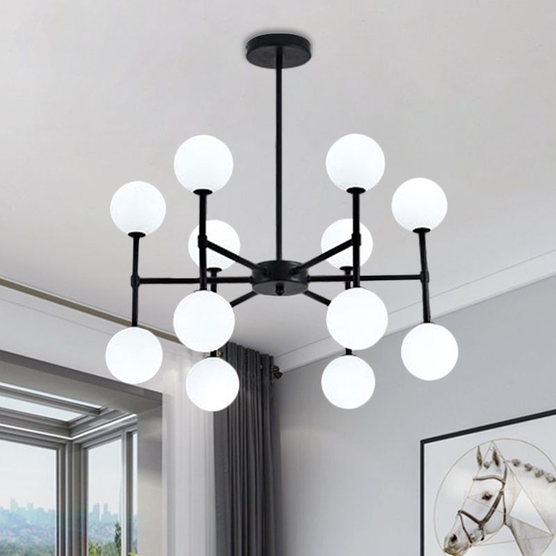 Bubble Shade Living Room Chandelier Lighting Opal Glass 12 Light Modern Ceiling Pendant in Black/Gold