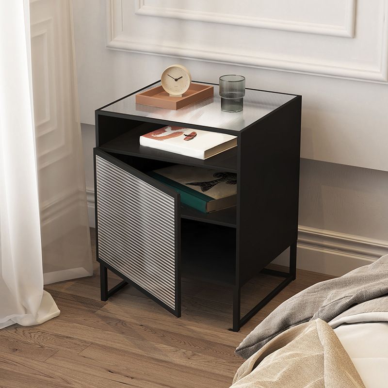 Industrial Bed Nightstand Glass and Manufactured Wood Night Table with Doors