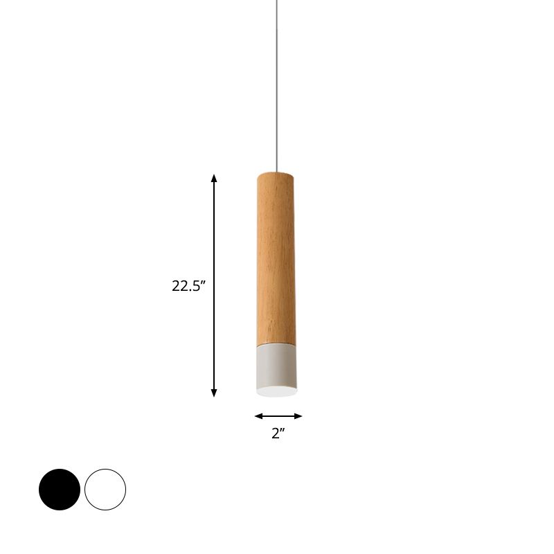 22.5"/26"/30" H Tube LED Pendant Light Modern Wooden Study Room Ceiling Lamp with Black/White Tip in Warm/White Light