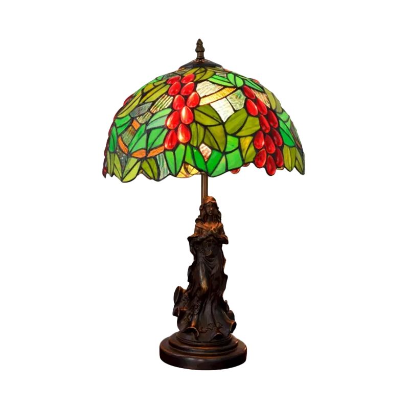 Tiffany Glass Grapes Table Lamp Baroque 1-Bulb Brown/Green/White-Brown Night Stand Light with Girl Base