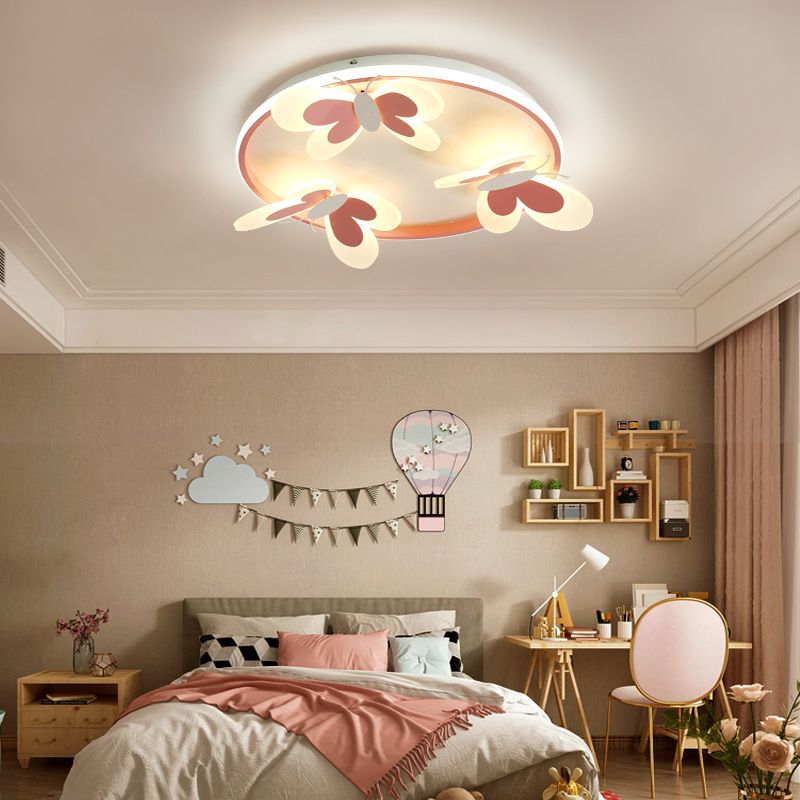 Kids Style 3 / 4 - Light Flush Metal in Pink Finish Ceiling Flush with Butterfly Accent