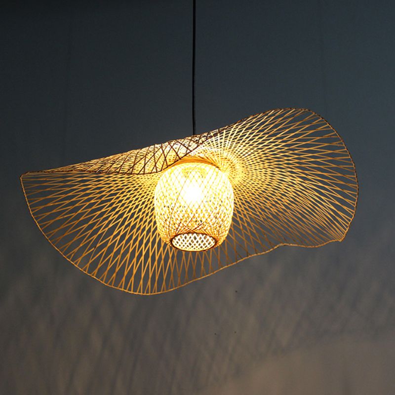 18"/21.5"/25.5" Wide Rustic 1-Light Ceiling Drop Light with Woven Rattan Brown Dome Pendant Lamp for Cafe Restaurant