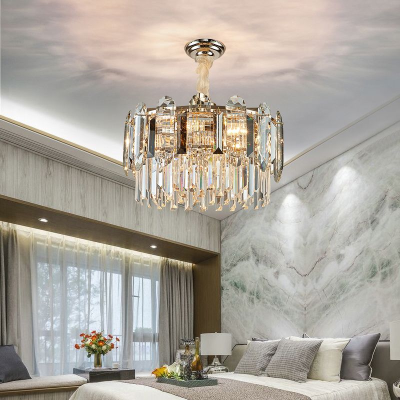 Drum Shaped Pendant Chandelier Contemporary Clear Crystal Hanging Light Fixture for Living Room