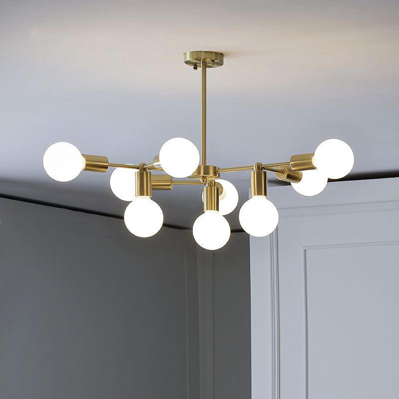 Brass Modo Pendant Chandelier Modern 9 Lights Frosted White Glass Hanging Ceiling Lamp with Branch Design